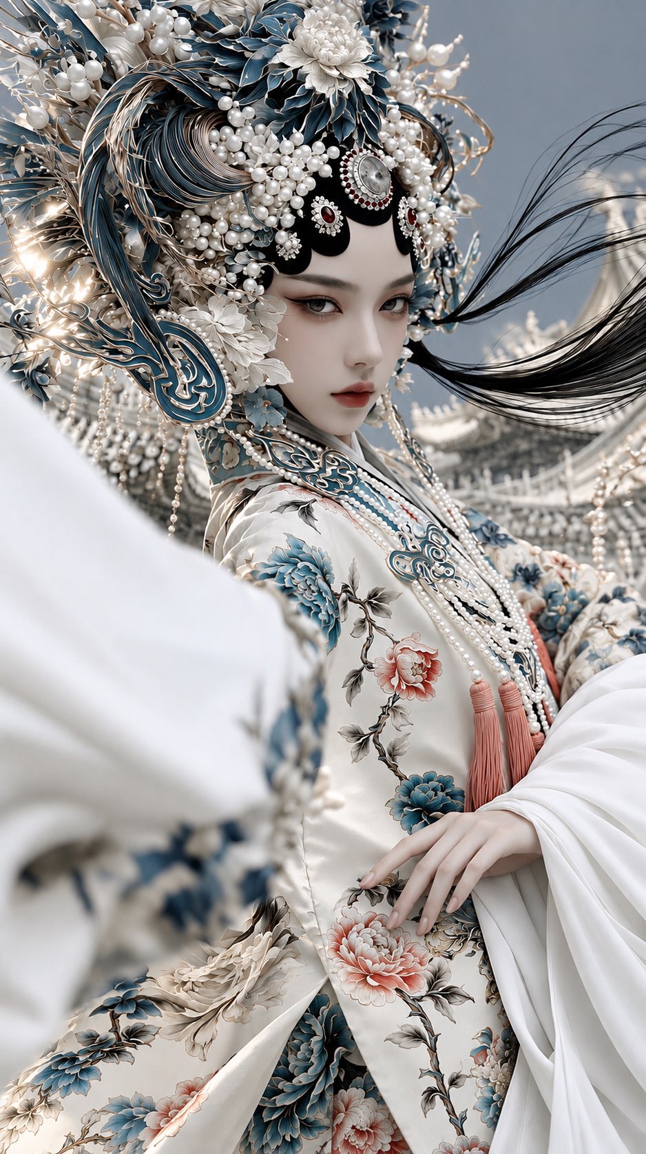中国宫廷戏曲女神：珠冠绣袍特写