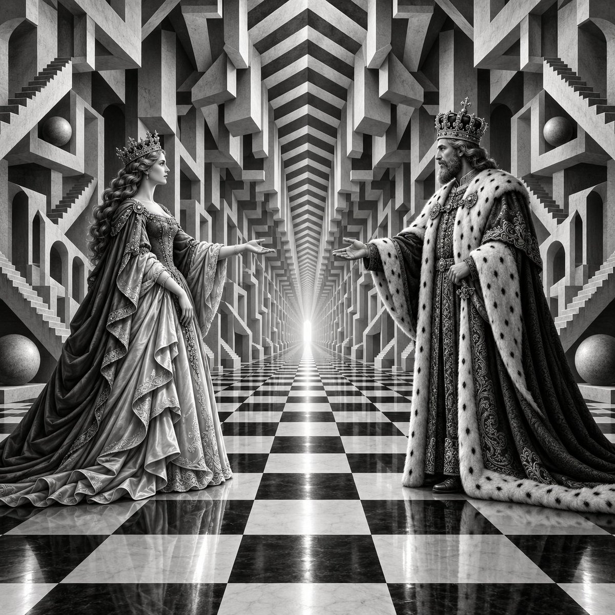 黑白棋廊：国王与皇后的超现实对峙 (1/2)
