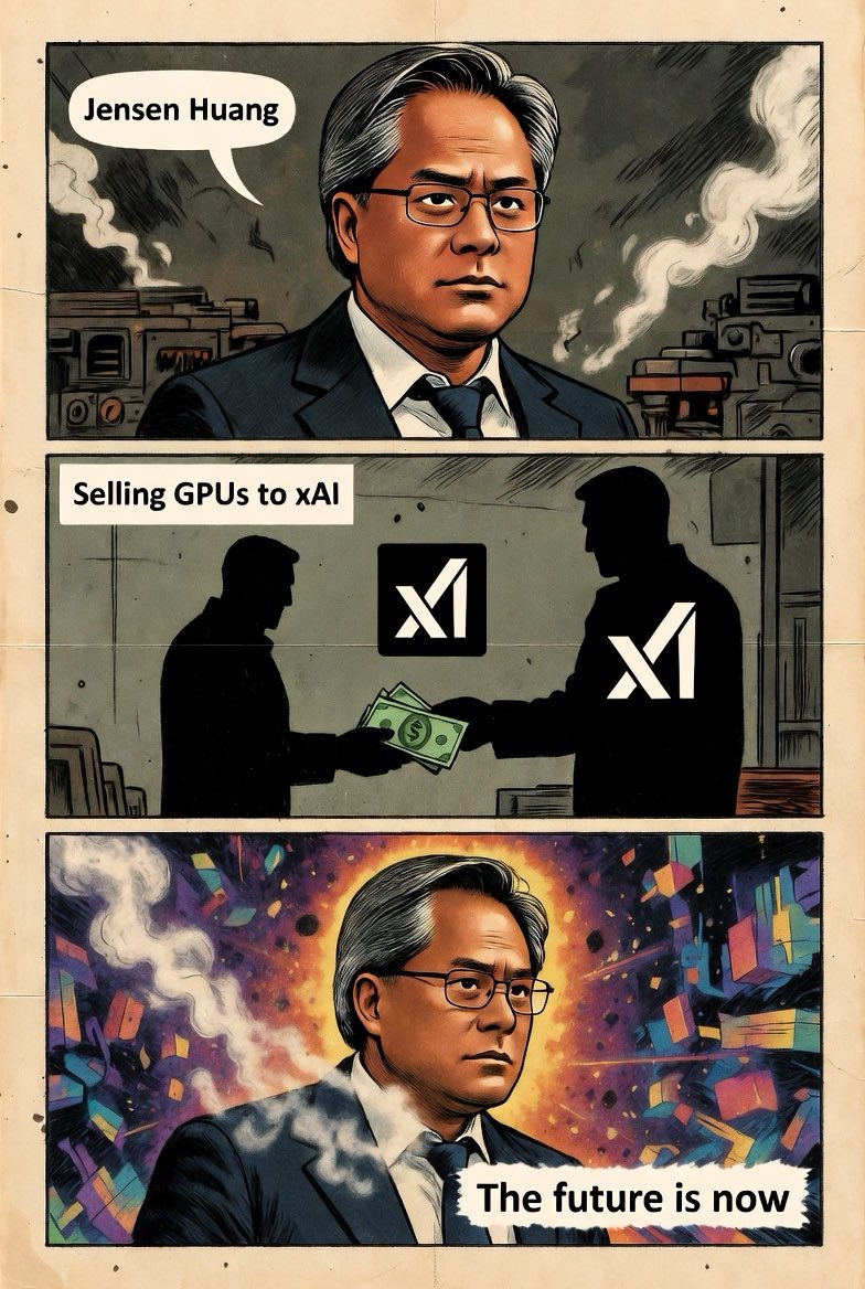 Jensen 卖 GPU 给 xAI：Grok 都市漫画页