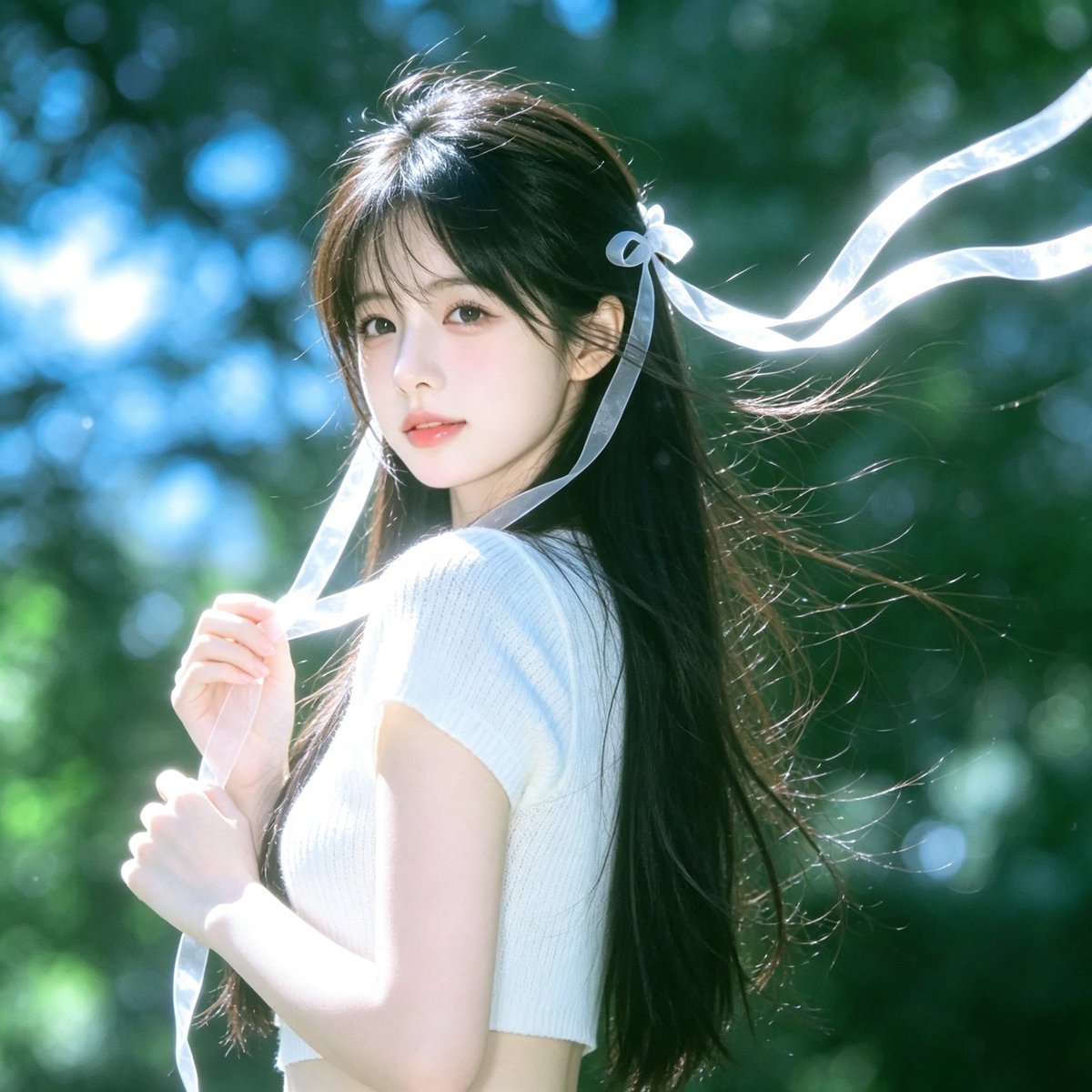 夏日森林：白色缎带与风的韩系写真