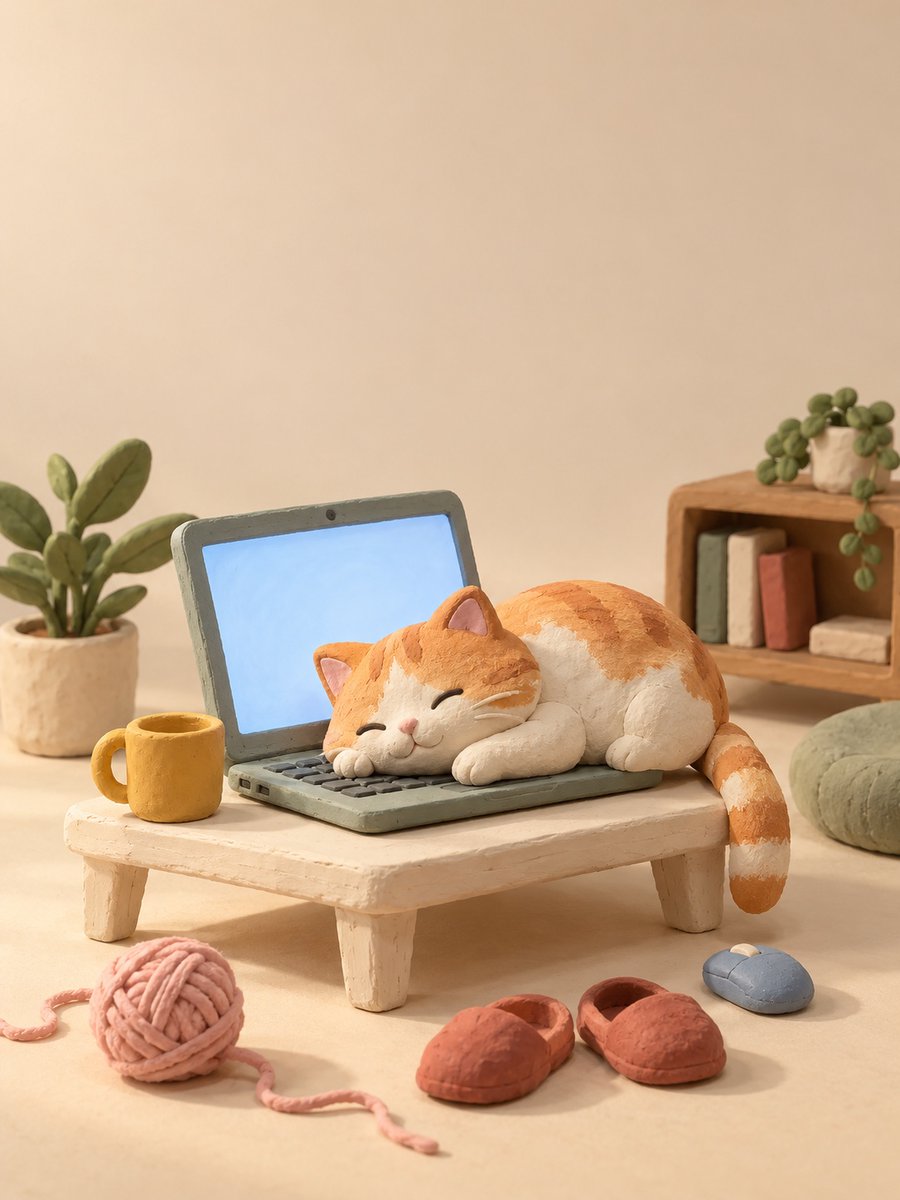 黏土小猫趴在笔记本电脑上睡着了