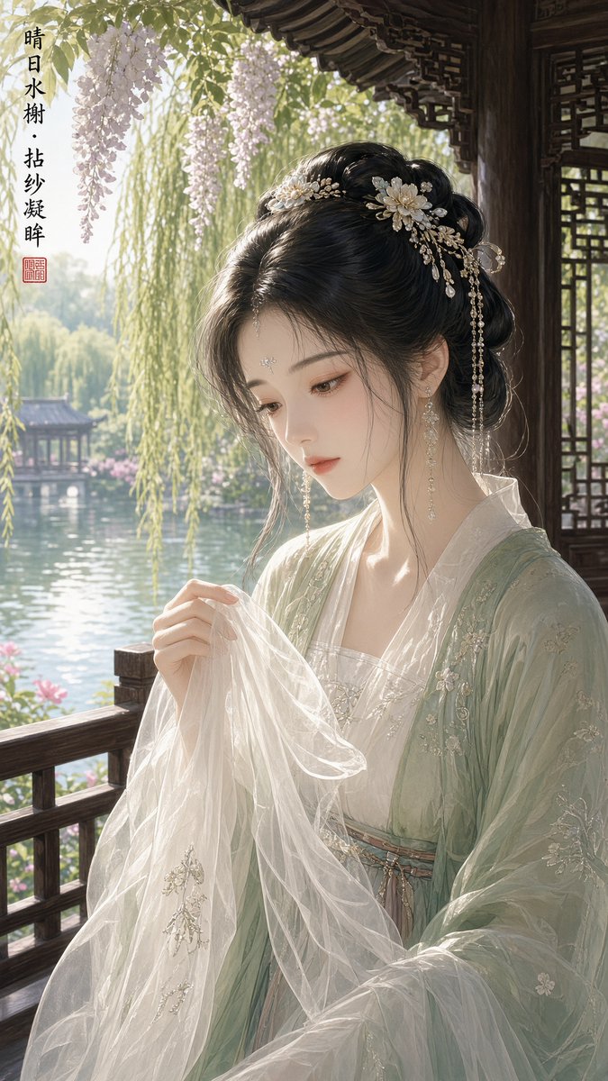 晴日水榭：拈纱凝眸古风美女 (1/2)